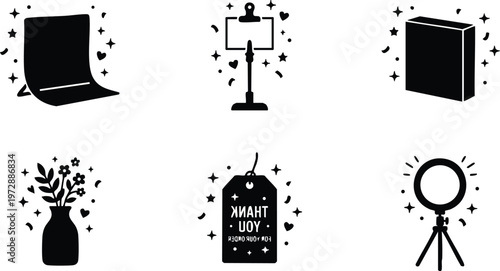 Black and white vector icons of sticky note vase flowers thank you tag ring light and book