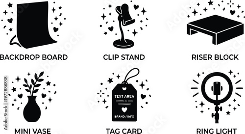 Black and white vector icons of backdrop board clip stand riser block mini vase tag card and ring light