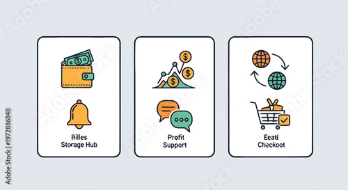 Business Process Icons Set: Bills, Profit, and Checkout