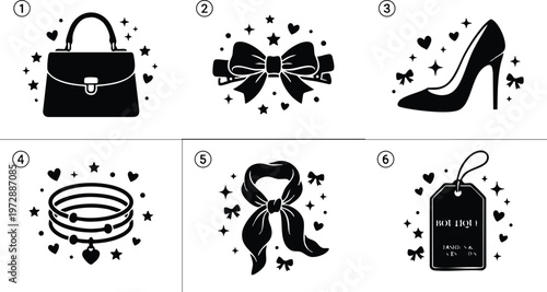 Black and white woman handbag bow high heel bracelet scarf boutique tag vector art
