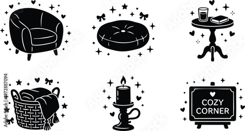 Black and white cozy corner chair candle basket and table vector art
