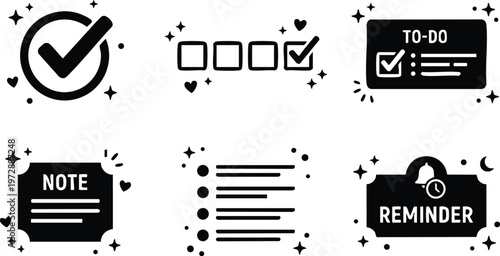 Black and white icons checklist to do note reminder with stars and hearts
