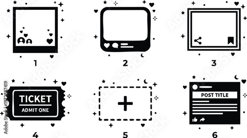 Black and white vector icons set with social media symbols and hearts