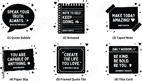 Black and white motivational quote set with stars hearts and handwritten style text