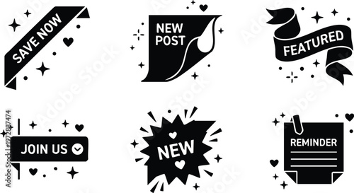 Black and white vector social media labels with save now new post featured and reminder text