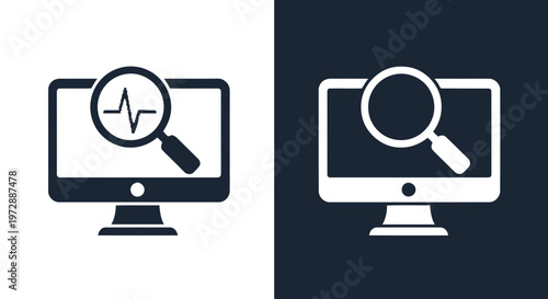 Computer Monitor with Magnifying Glass and Heartbeat Pulse Icon Set