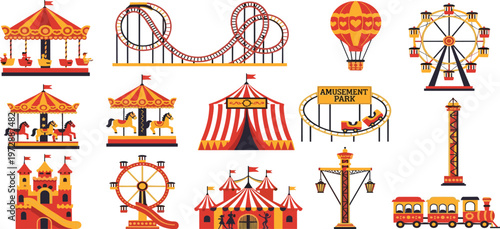 Amusement park carnival icons set, roller coaster, ferris wheel, carousel, circus tent, fairground attractions, theme park flat vector, isolated fun.