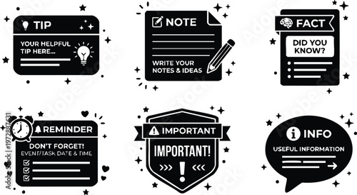 Black and white informational note tip fact reminder and important badge vector art