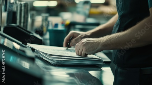 Bank Employee Prepares Documents at Office Counter