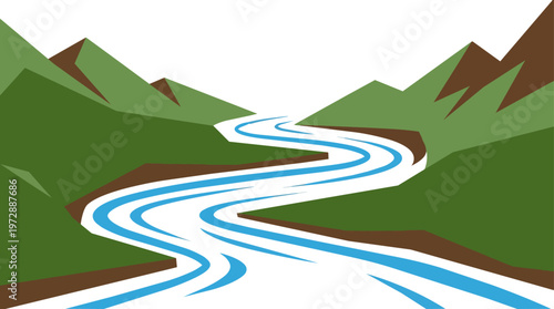 Winding River Mountain Landscape Illustration.