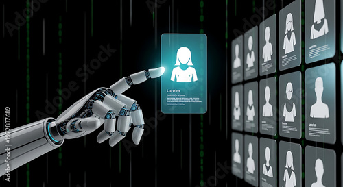 Robot hand selects profile from digital screen of user icons, AI hiring concept