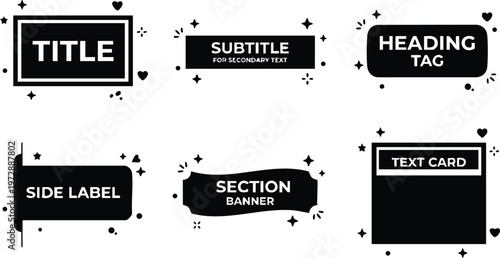 Black and white decorative text banners with title subtitle heading and label