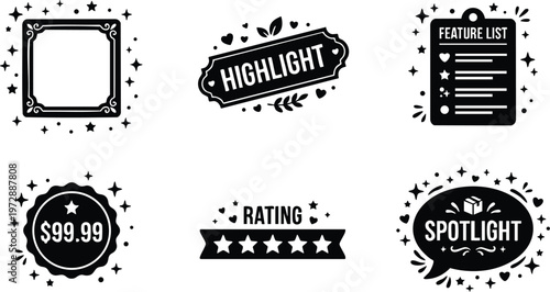 Black and white star packing spotlight highlight price rating badge icons