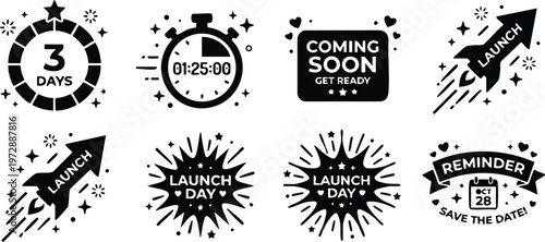 Black and white launch day rocket countdown timer reminder icons set
