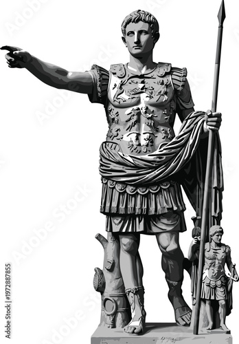 Augustus of Prima Porta Roman Emperor statue illustration, ancient Rome leader in military armor, monochrome vector art on black background.