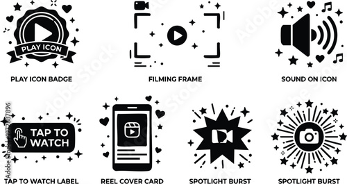 Black play icon badge filming frame sound on icon social media marks
