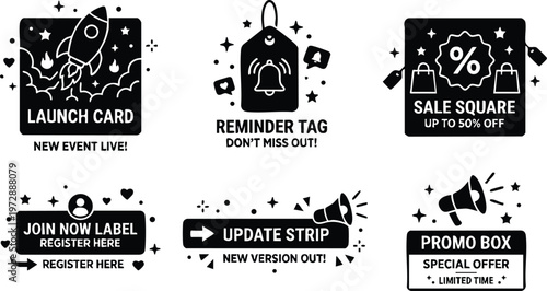 Black and white launch card reminder tag sale square join now label update strip promo box vector art