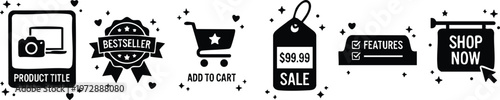 Black and white ecommerce shopping icons set with sale tag bestseller and add to cart