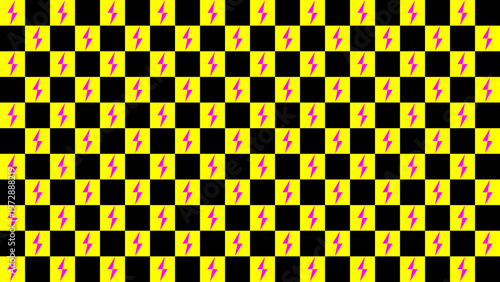 Seamless yellow and black geometric square mosaic pattern with chess inspired design and decorative vector icons