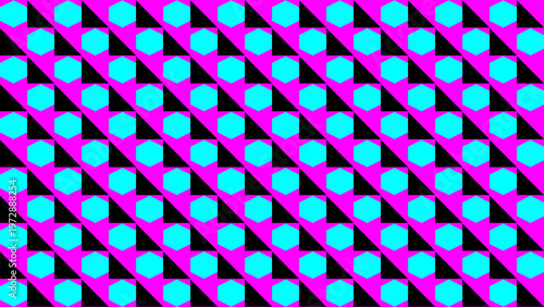 Geometric pattern: A striking geometric pattern featuring a repeating design of vibrant aqua-colored hexagons set against a bold pink backdrop, creating a visually stimulating and dynamic composition.