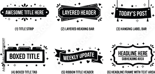 Black and white header labels with text ribbon and frame vector art