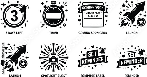 Black and white countdown timer launch reminder icons set with spotlight burst and coming soon card