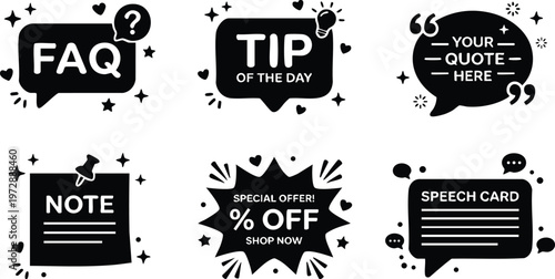 Black chat bubbles with faq tip note quote speech card icons vector art