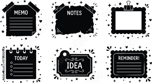 Black and white memo notes reminder idea flat vector art icons set