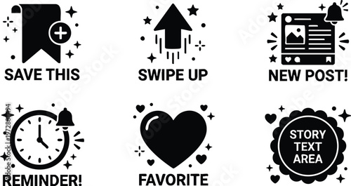 Black and white social media icons with save this swipe up and reminder text