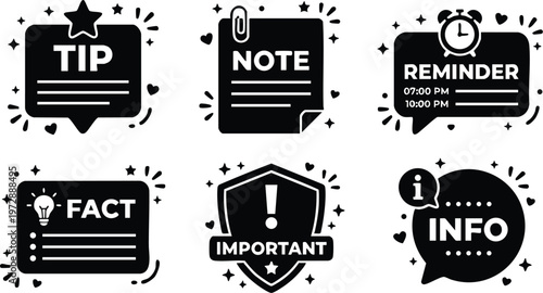 Black icons with tip note reminder fact important and info messages with stars hearts