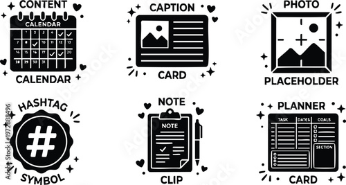 Black calendar hashtag note and planner card icons with hearts and stars