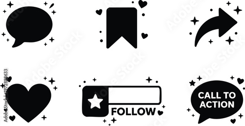 Black call to action follow heart and share social media icons set