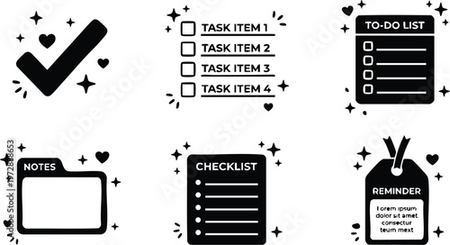 Black and white checklist reminder notes to do list and task icons