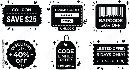 Black and white promo code and discount coupon vector art with barcode and limited offer tags