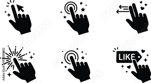 Black hand cursor icons with clicking pressing swiping and like label