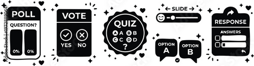 Black and white poll vote quiz response icons with sparkles