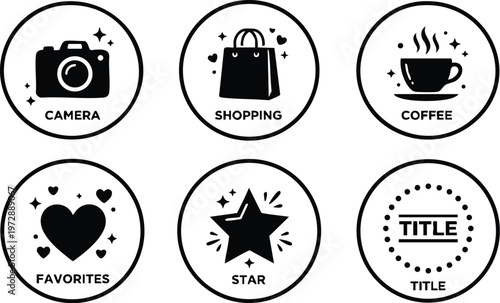Black and white icons for camera shopping coffee favorites star and title