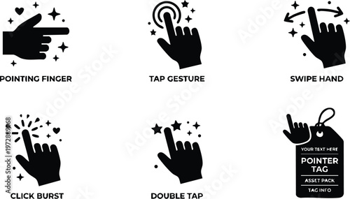 Black flat design hand gesture icons with tap double tap swipe and click burst
