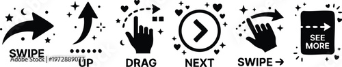 Black and white swipe up drag next see more icons with hand and arrow vector art