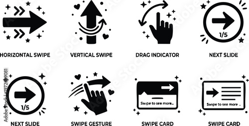 Black and white swipe gesture and navigation icons with sparkle accents