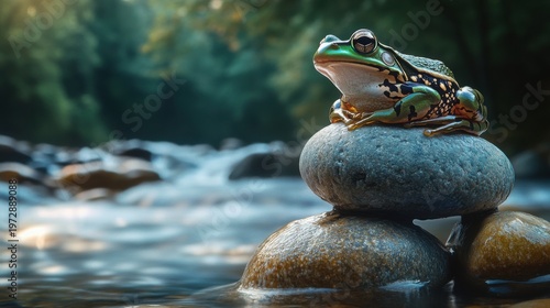 Green frog perched on rocks by flowing water