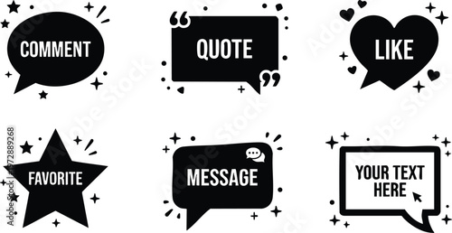 Black and white social media text icons with comment quote like favorite message and your text here
