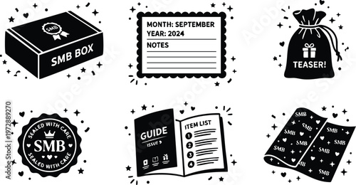 Black and white smb box and teaser bag with packaging labels and notes vector art
