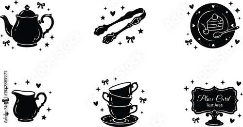 Black and white teapot sugar tongs cake plate cups and place card flat vector art