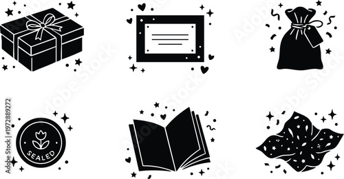 Black and white sealed gift box bag card book and flower vector art