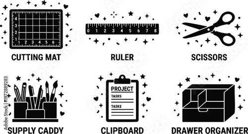 Black and white craft tools icons cutting mat ruler scissors supply caddy clipboard drawer organizer