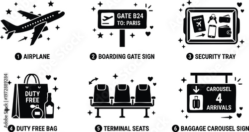 Black and white airport travel icons airplane boarding gate security tray and baggage carousel sign