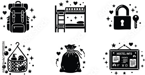 Black and white hostel icons with backpack bunk bed and lock