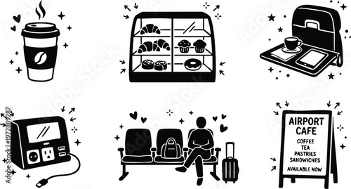 Airport cafe coffee cup pastry case and traveler waiting at gate