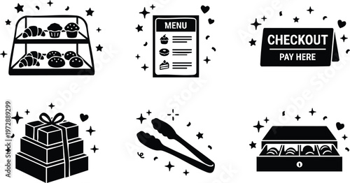 Black and white bakery display case menu checkout gift boxes and tongs icons